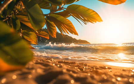 Tropical beach with palm trees at sunset. Nature background.の素材