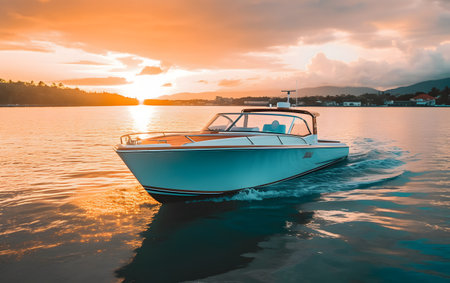 Speed boat in the sea at sunset. Beautiful seascape.の素材