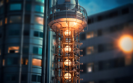 Modern building in the city at night with lanterns. 3D renderingの素材
