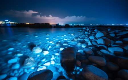 beautiful night seascape with big stones on the beach, long exposureの素材