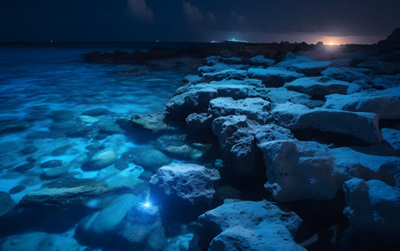 Beautiful seascape at night with rocks and blue sea.の素材