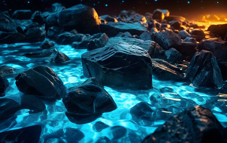 Stack of stones in blue water. 3d render illustration.の素材
