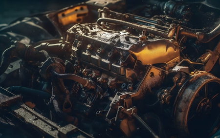 Close-up of the engine of an old car. Selective focus.の素材