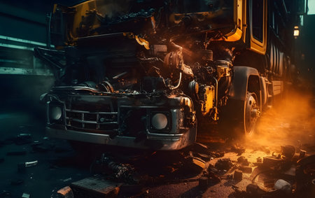 Burned cars after the accident on the road in the smoke.の素材