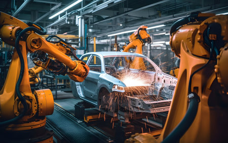 Smart industry robot arms working in future factory. Concept of artificial intelligence for industrial revolution and automation manufacturing process.の素材