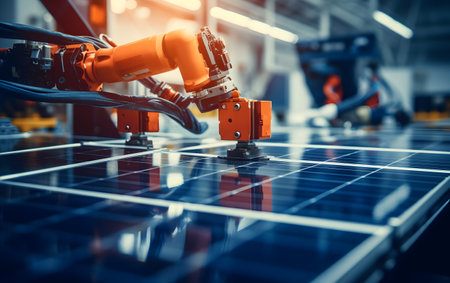 3D rendering robotic arms working on a photovoltaic panelの素材