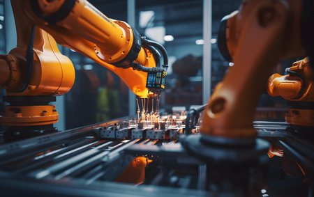 Smart industry robot arms working in factory production line. Concept of artificial intelligence for industrial revolution and automation manufacturing process.の素材