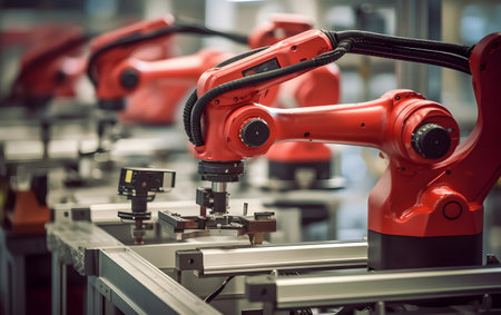 Industrial robot arm in factory production line. Smartindustry 4.0 concept.の素材