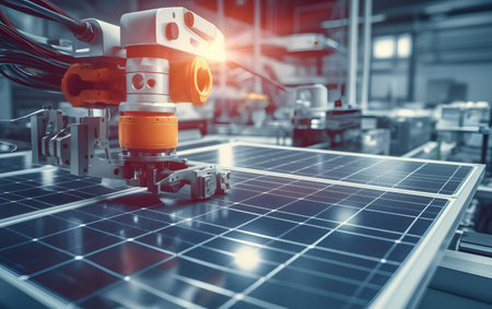 3D rendering of a robotic arm working on a solar panel in a factoryの素材