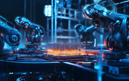 3d rendering robotic arm working with microcircuit in modern factoryの素材