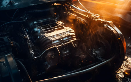Close-up of the engine of a car with smoke and sunlight.の素材