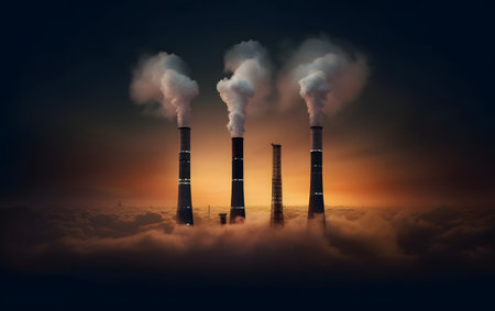 Factory chimneys with smoke in the sky. 3D illustration.の素材