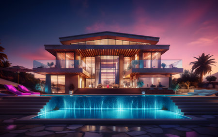 3d rendering of modern cozy house with pool and parking for sale or rent in luxurious style and beautiful landscaping on background. Clear summer night with many stars on the sky.の素材
