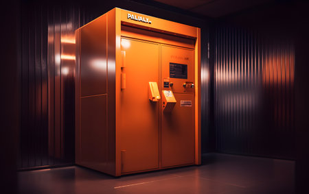 3d rendering of an orange bank ATM machine inside a building.の素材