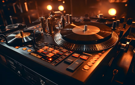 Dj mixer at night club. Turntable with vinyl records, close upの素材