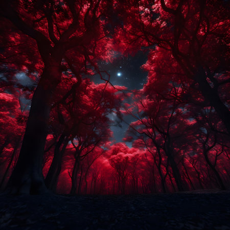 Mystical red forest with full moon. 3D illustration.の素材