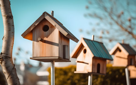 Wooden birdhouses in the park on a background of blue skyの素材