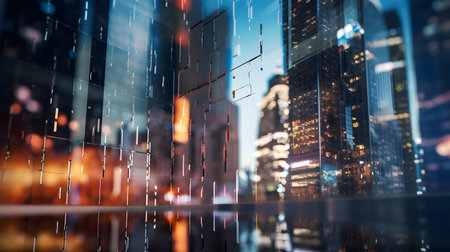 Double exposure of glass building and skyscrapers, business concept.の素材