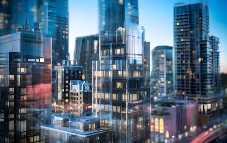 Skyscrapers in the city at sunset. 3d renderingの素材