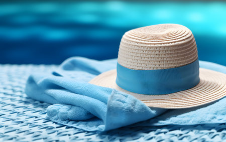 Straw hat on a blue towel on a background of blue waterの素材