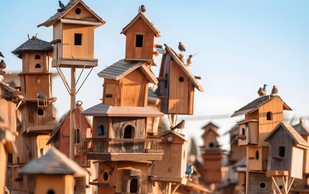 Wooden birdhouses in the form of birds on a background of blue skyの素材