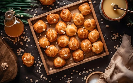 Eclairs with cream cheese on a wooden tray, top viewの素材