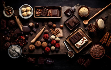 Assortment of chocolates on dark background. Top view.の素材