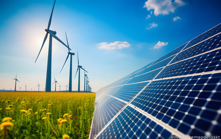 Solar panels and wind turbines, alternative electricity source - concept of sustainable resourcesの素材