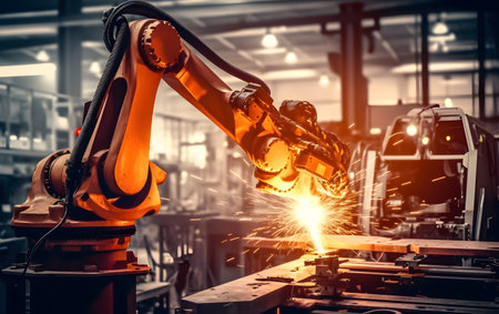 Industrial robot working in automotive manufacturing plant. Automotive industry concept.の素材