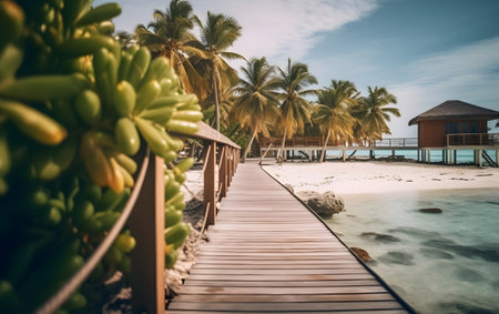 Wooden walkway on the beach with coconut palm trees and bungalowsの素材