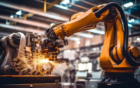 Industrial robot arm working on assembly line in factory. Smartindustry 4.0 concept.の素材