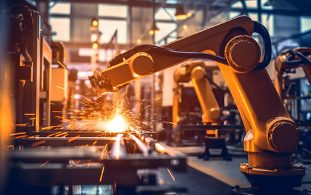 Industrial robot welding automotive part in factory. Automotive industry 4.0 concept.の素材