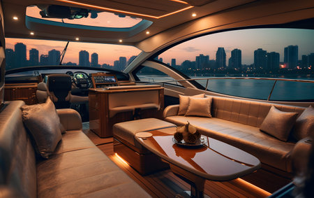 Luxury interior of a yacht with a view of the cityの素材