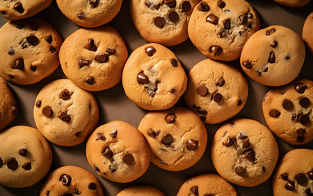 Chocolate chip cookies with chocolate chips on brown background, top viewの素材