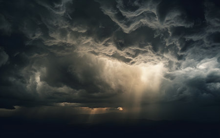 Stormy sky with dark clouds and sunbeams. nature backgroundの素材