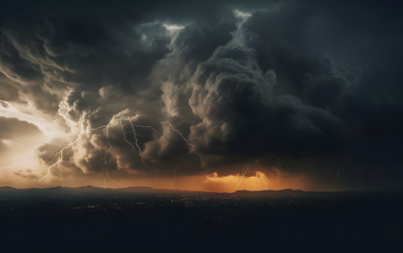 Dramatic stormy sky with lightning and dark storm clouds.の素材