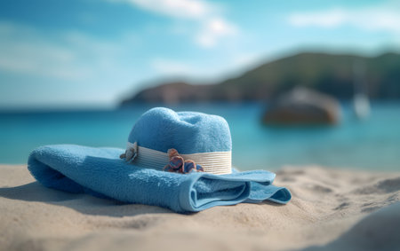 Womens hat on the beach with blue towel and sea backgroundの素材