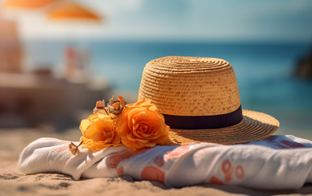 Straw hat with flowers on the beach. Vacation concept.の素材