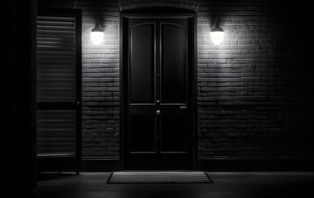Black door with lights in the dark room. 3D rendering.の素材