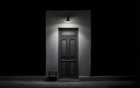 Black door with lamp and chair in dark room. 3D renderingの素材