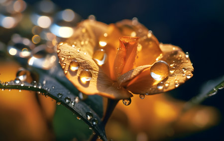 Water drops on a yellow rose flower with shallow depth of field.の素材