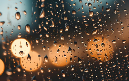 Rain drops on window glass with bokeh lights background. Raindrops on window glass.の素材