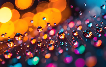 water drops on glass with colorful bokeh background, close upの素材