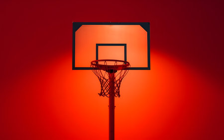 Basketball hoop with red light on red background. Sports background.の素材