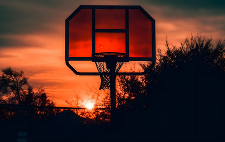 Basketball hoop at sunset. Silhouette of a basketball hoop at sunset.の素材