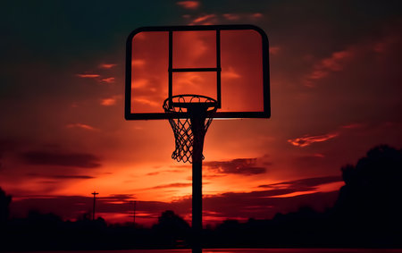 basketball hoop and ball on basketball court at sunset, sport background.の素材