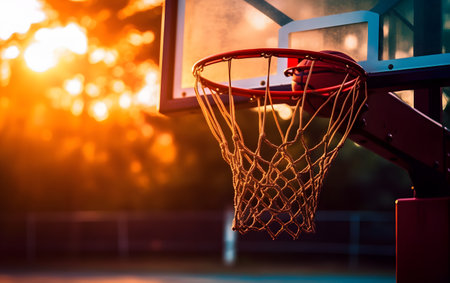 Basketball hoop and net on basketball court at sunset, vintage toneの素材