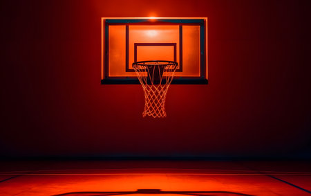 Basketball hoop in a dark room with neon light. sports backgroundの素材
