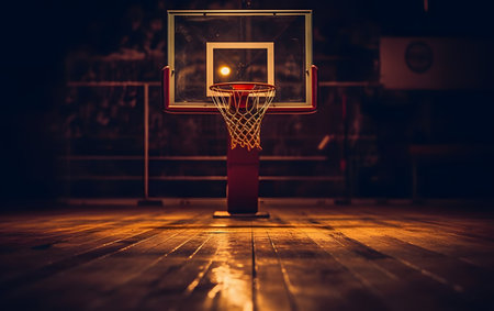 Basketball hoop and ball on wooden floor at night in gym.の素材