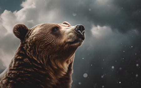 Portrait of a brown bear on a background of stormy skyの素材